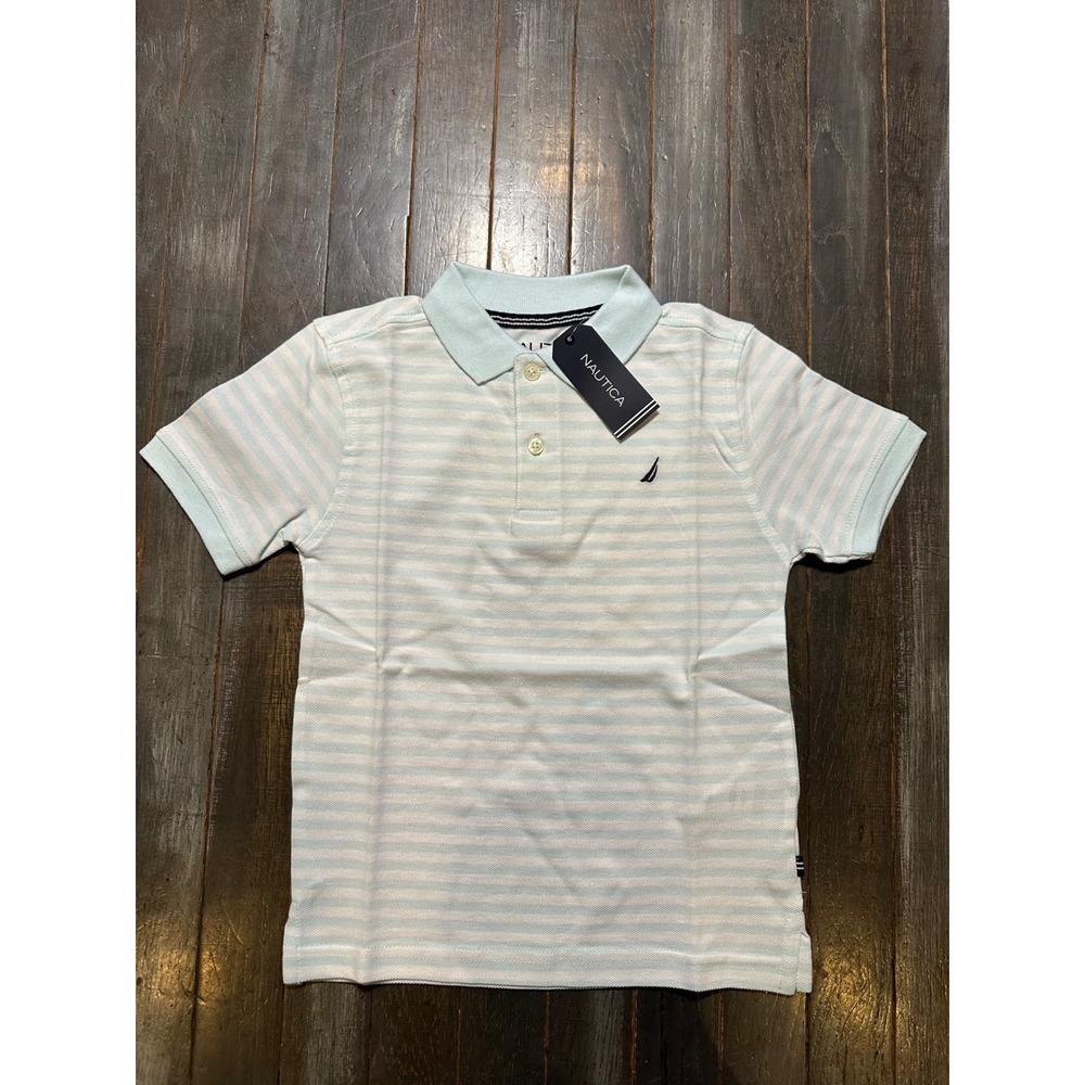 Nautica Boys Light Aqua Striped Pique Polo Shirt Short Sleeve